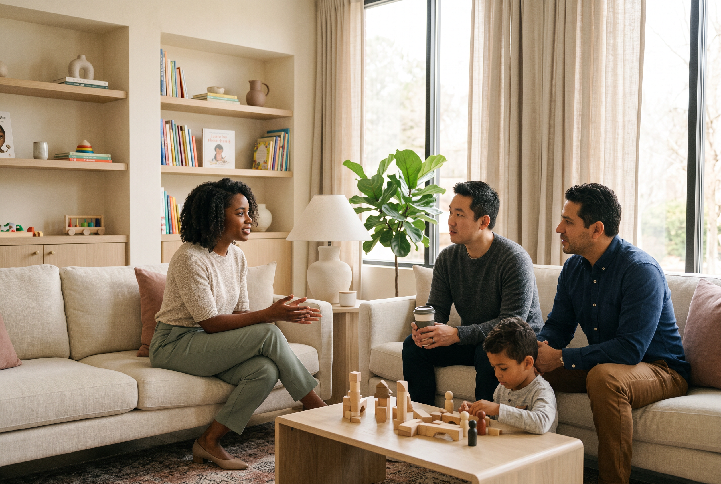 A therapist talking with parents while their child plays