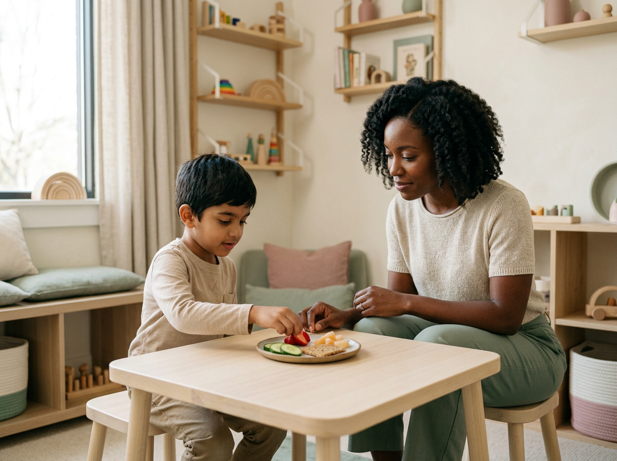 A therapist supporting a child during feeding exploration