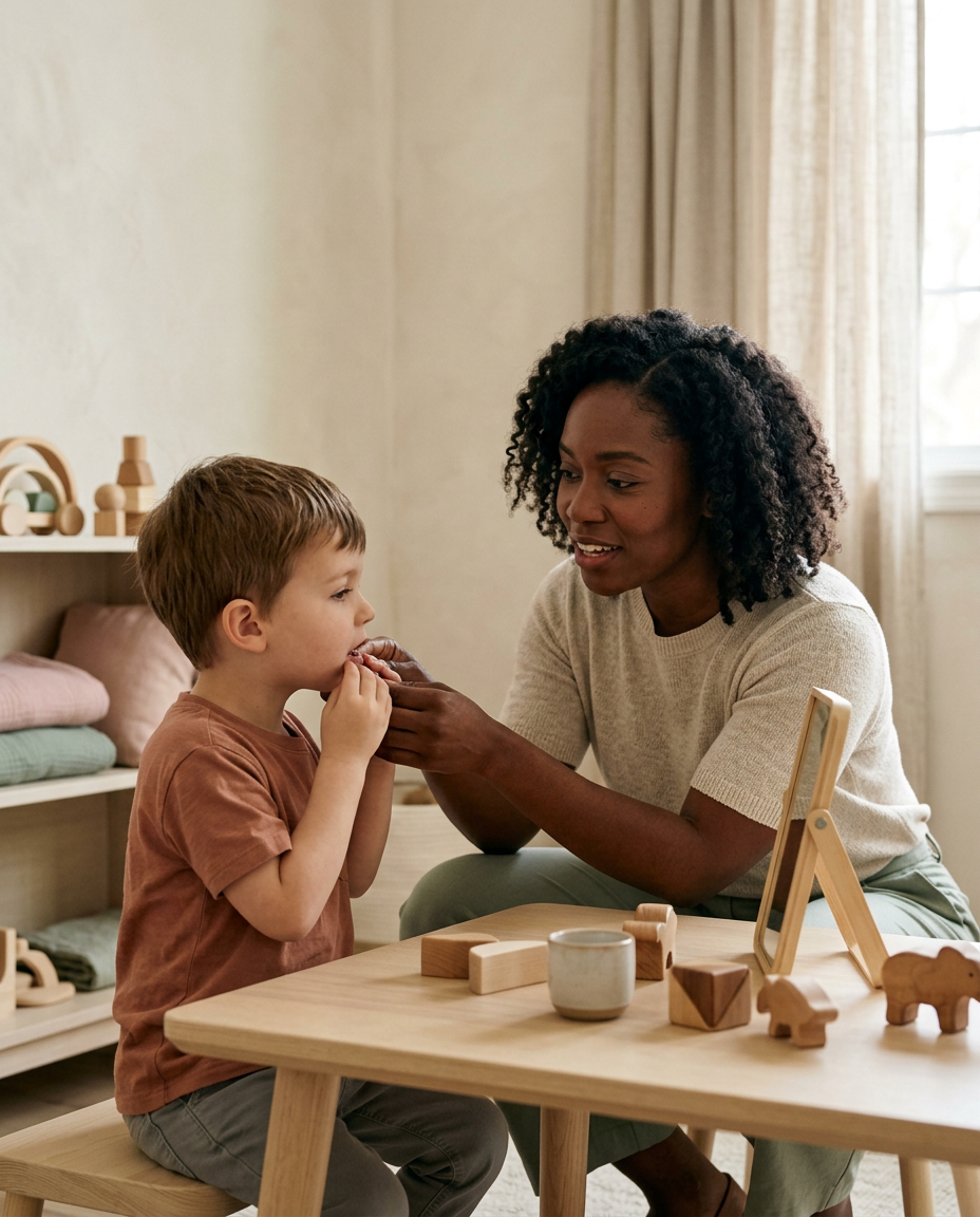 A therapist practicing speech sounds with a young child